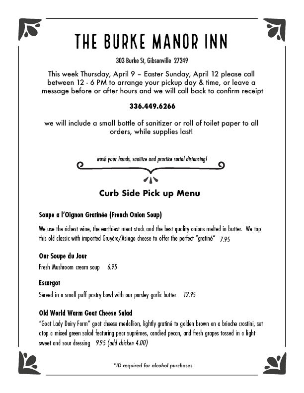 Curb Side Orders & Menu - The Burke Manor Inn & PavilionThe Burke Manor ...